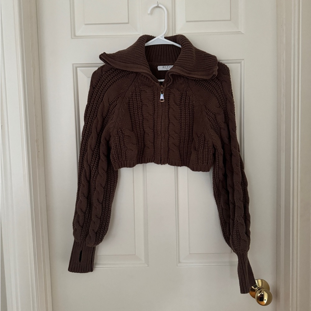 Grey Bandit Brown Cable Knit Cropped Zip Up Cardigan